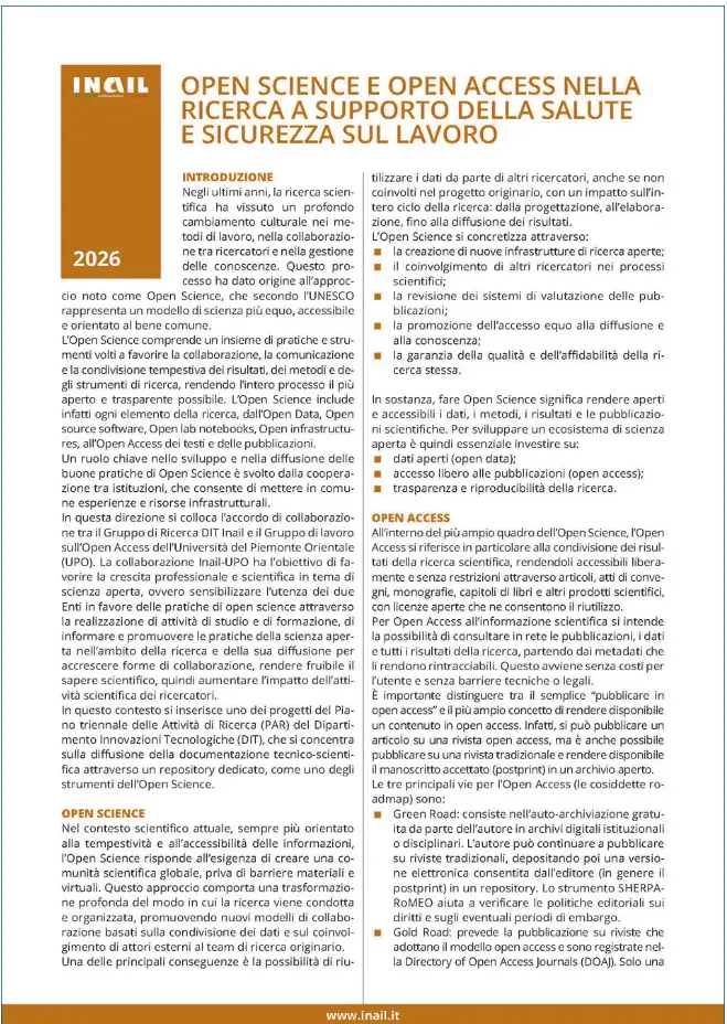 Open Science e Open Access nella ricerca a supporto della salute e sicurezza sul lavoro Open Science e Open Access nella ricerca a supporto della salute e sicurezza sul lavoro